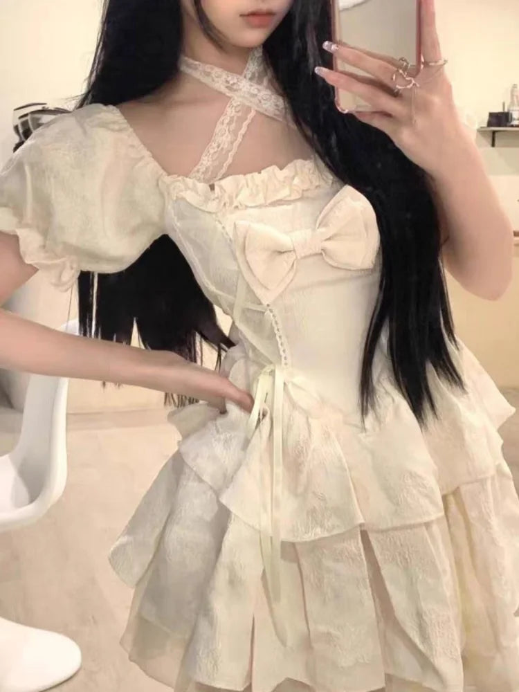 Kawaii Lolita Dress Bandage Sweet Girl Soft Fairy Birthday Party Puff Sleeve Short Dresses Fashion