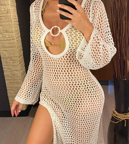 Sexy Hollow Out Long Sleeve Crochet Knitted Tunic Beach Cover Up Cover-ups Beach Dress Beach Wear Beachwear Female Women V5567