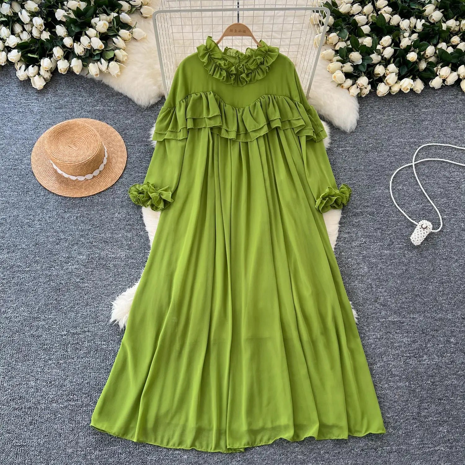 French 2024 Autumn New Solid Elegant Ruffle Edge Neck Long Sleeves Dress Women Vintage Loose Vacation Pleated Dress Popular Chic