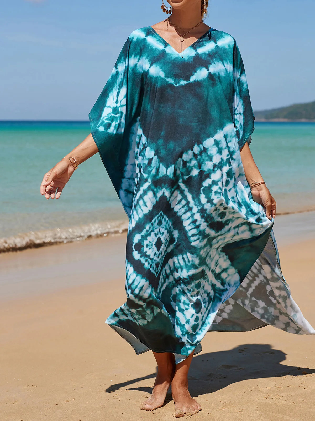 Colorful Kaftan Tunic Beach Cover Up Cover-ups Beach Dress Beach Wear Beachwear Loose Maxi Dress Female Women V4428