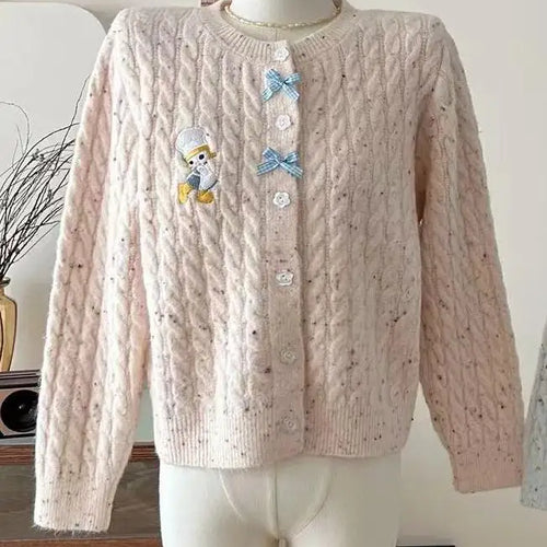 Load image into Gallery viewer, French Solid Embroidery Bow Single Breasted Short Cardigans Sweater Women Autumn Winter O-neck Long Sleeve Knitwear Tops Popular
