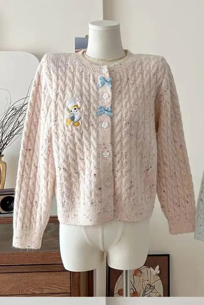 French Solid Embroidery Bow Single Breasted Short Cardigans Sweater Women Autumn Winter O-neck Long Sleeve Knitwear Tops Popular