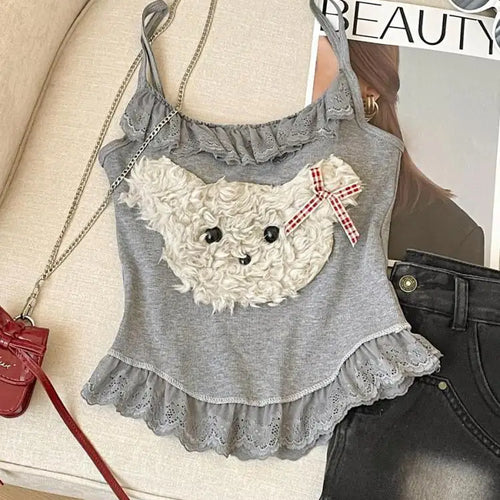 Load image into Gallery viewer, French Fashion Women Puppy Patchwork Lace Sleeveless Short Slip Top Summer Round Neck Backless Versatile Spaghetti Strap Tops
