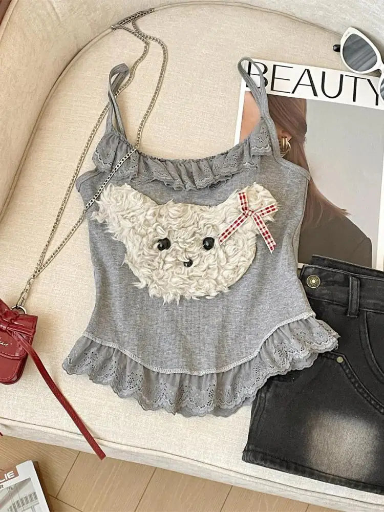 French Fashion Women Puppy Patchwork Lace Sleeveless Short Slip Top Summer Round Neck Backless Versatile Spaghetti Strap Tops