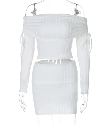 Fashion 2 Pcs Sets Solid Slash Neck Long Sleeve Shirring Sexy Crop Top Mini Skirt Women Casual Outfits Party Vacation