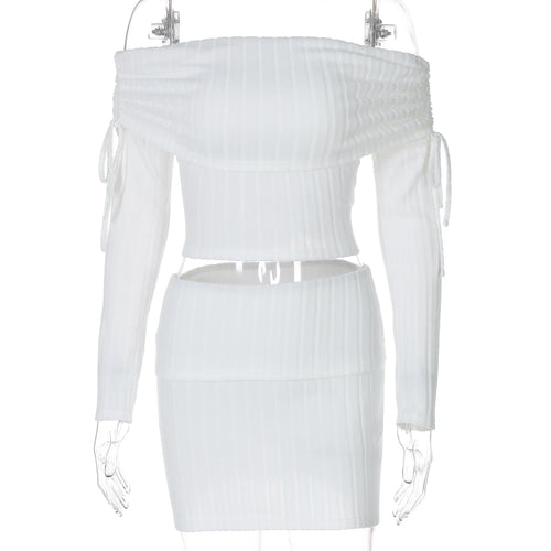 Load image into Gallery viewer, Fashion 2 Pcs Sets Solid Slash Neck Long Sleeve Shirring Sexy Crop Top Mini Skirt Women Casual Outfits Party Vacation
