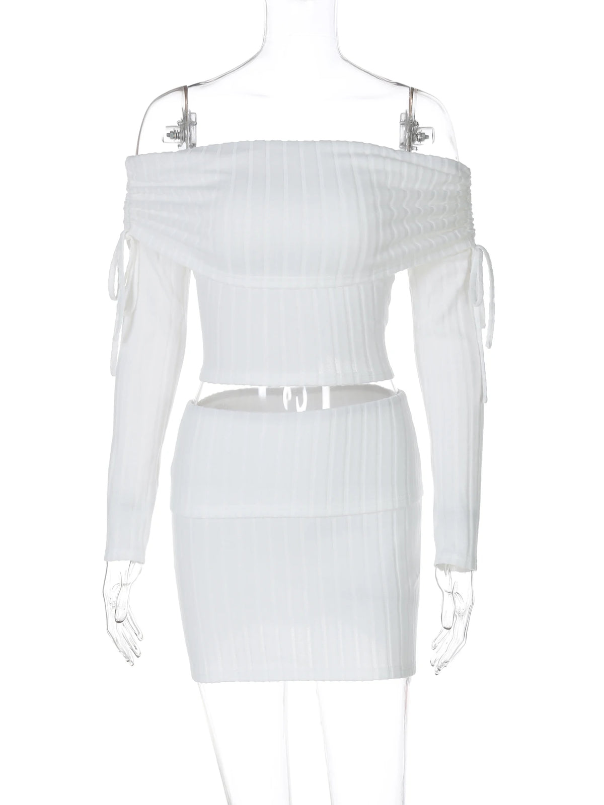 Fashion 2 Pcs Sets Solid Slash Neck Long Sleeve Shirring Sexy Crop Top Mini Skirt Women Casual Outfits Party Vacation