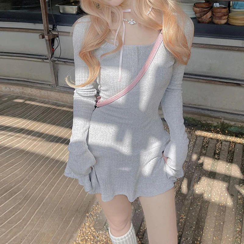 Korean Grey Knit Autumn Dress Women Buttons Solid Casual Basic Coquette Clothes A-Line Mini Dress Preppy Style Kawaii