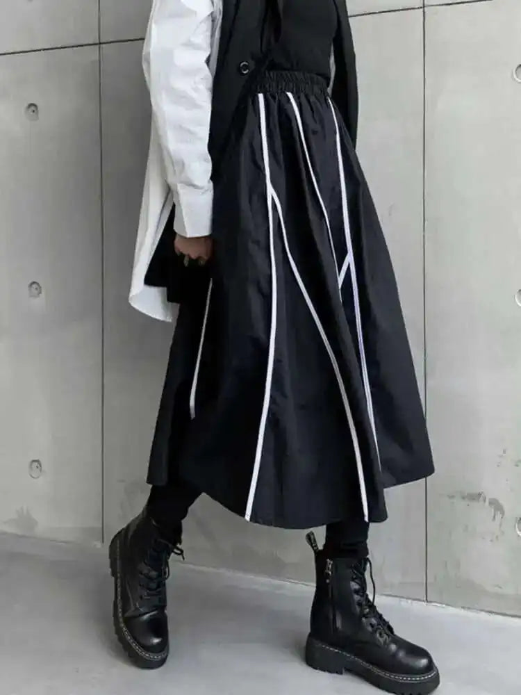 High Elastic Waist Black Liem Spliced Casual Long Half-body Skirt Women Fashion Tide New Spring Autumn 2025 1DE1829