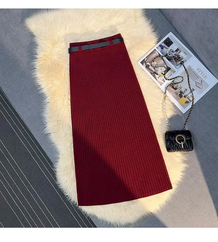 Women's Solid Elegant Office Lady Knitted Long Skirt Retro High Waist Party Wrap Hip Pleated Skirt 2024 Autumn Winter Simplicity
