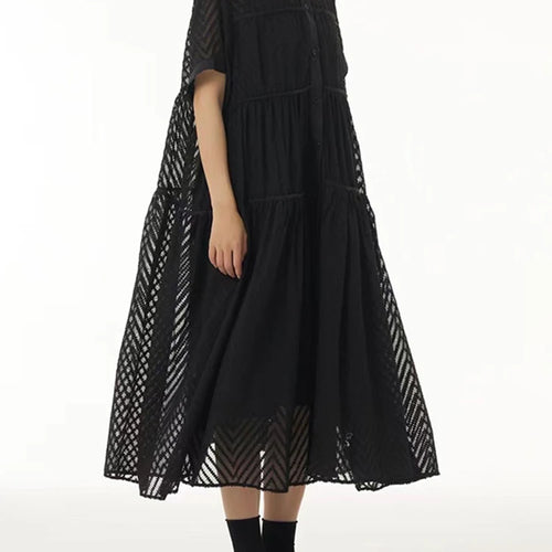 Load image into Gallery viewer, Women Blue Grid Hollow Out Big Size Midi Shirt Dress New Lapel Short Sleeve Fashion Tide Spring Summer 2025 1DJ1208
