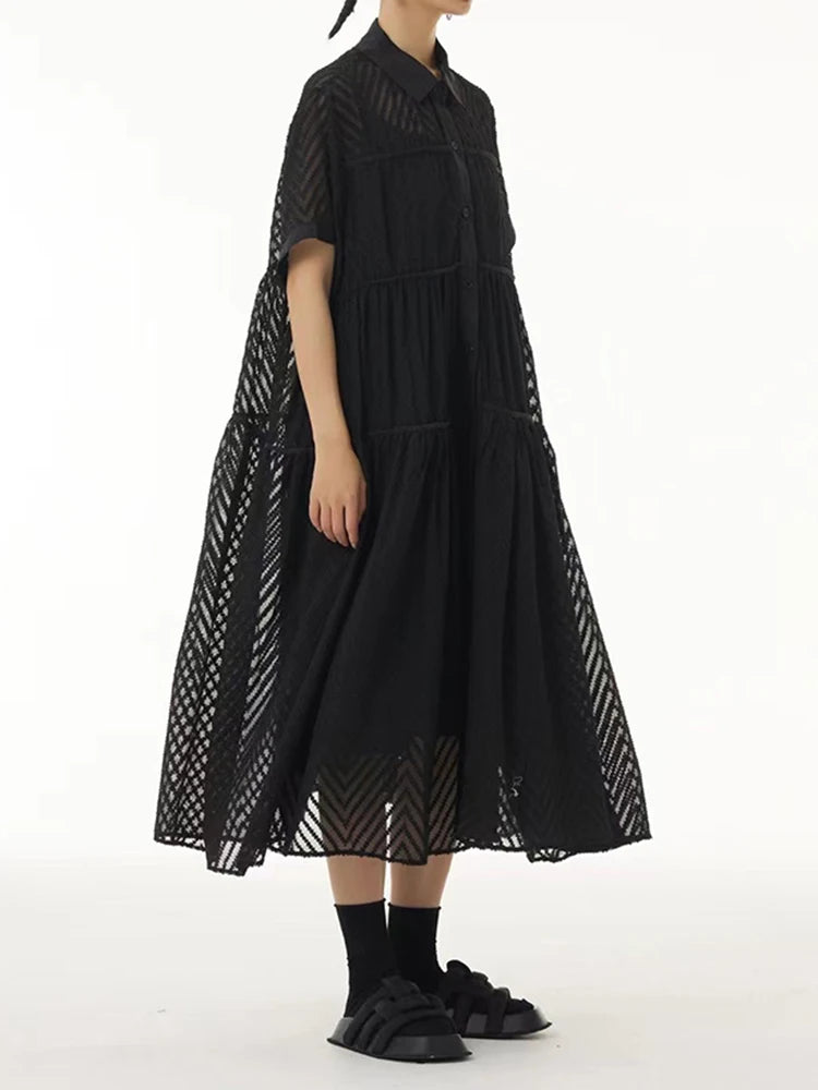 Women Blue Grid Hollow Out Big Size Midi Shirt Dress New Lapel Short Sleeve Fashion Tide Spring Summer 2025 1DJ1208