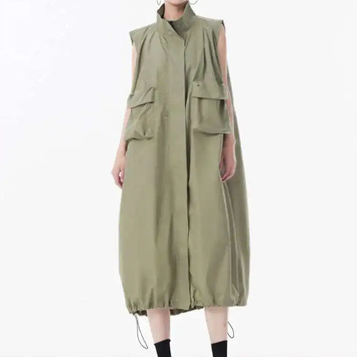 Load image into Gallery viewer, Women Green Pocket Hem Drawstring Big Size Vest Dress New Stand Collar Sleeveless Fashion Tide Spring Autumn 2025 1DJ0147
