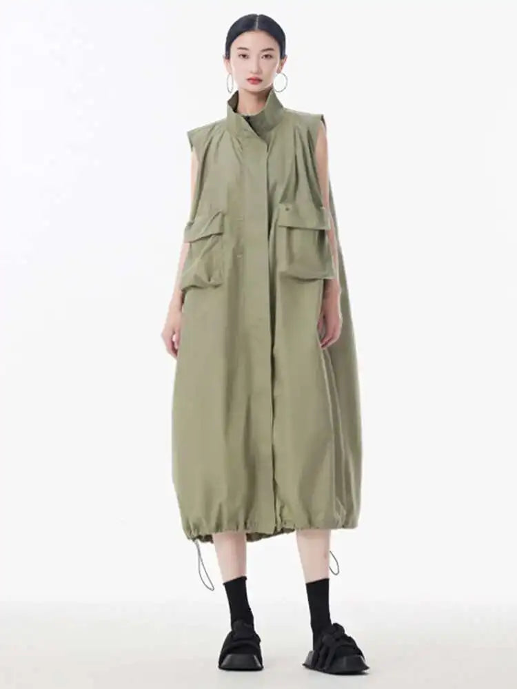 Women Green Pocket Hem Drawstring Big Size Vest Dress New Stand Collar Sleeveless Fashion Tide Spring Autumn 2025 1DJ0147