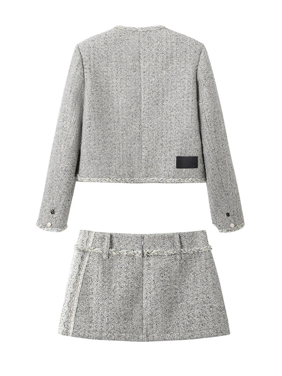 Vintage Two Piece Sets for Women O Neck Long Sleeves Spliced Tassels Top High Waist Patchwork Lace Skirt Set Female