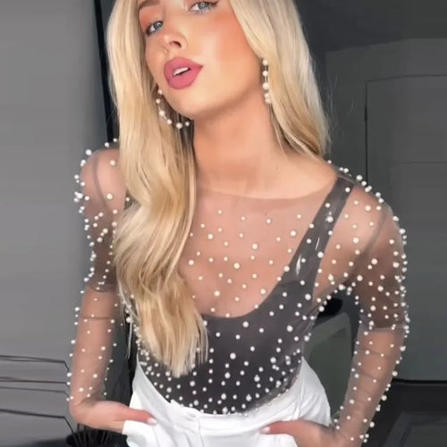 Load image into Gallery viewer, Pearl Mesh See Through T-shirt Women Fashion Long Sleeve Pullover Blouse Ladies Summer U Neck Sexy Tee Shirt Tops
