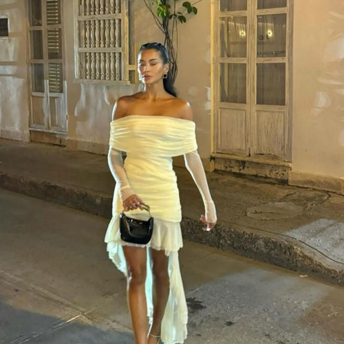 Load image into Gallery viewer, Elegant Long Sleeve Mesh Patchwork Ruffle Irregular Dress Female Sexy One Shoulder Fall Winter Party Club Evening Dress
