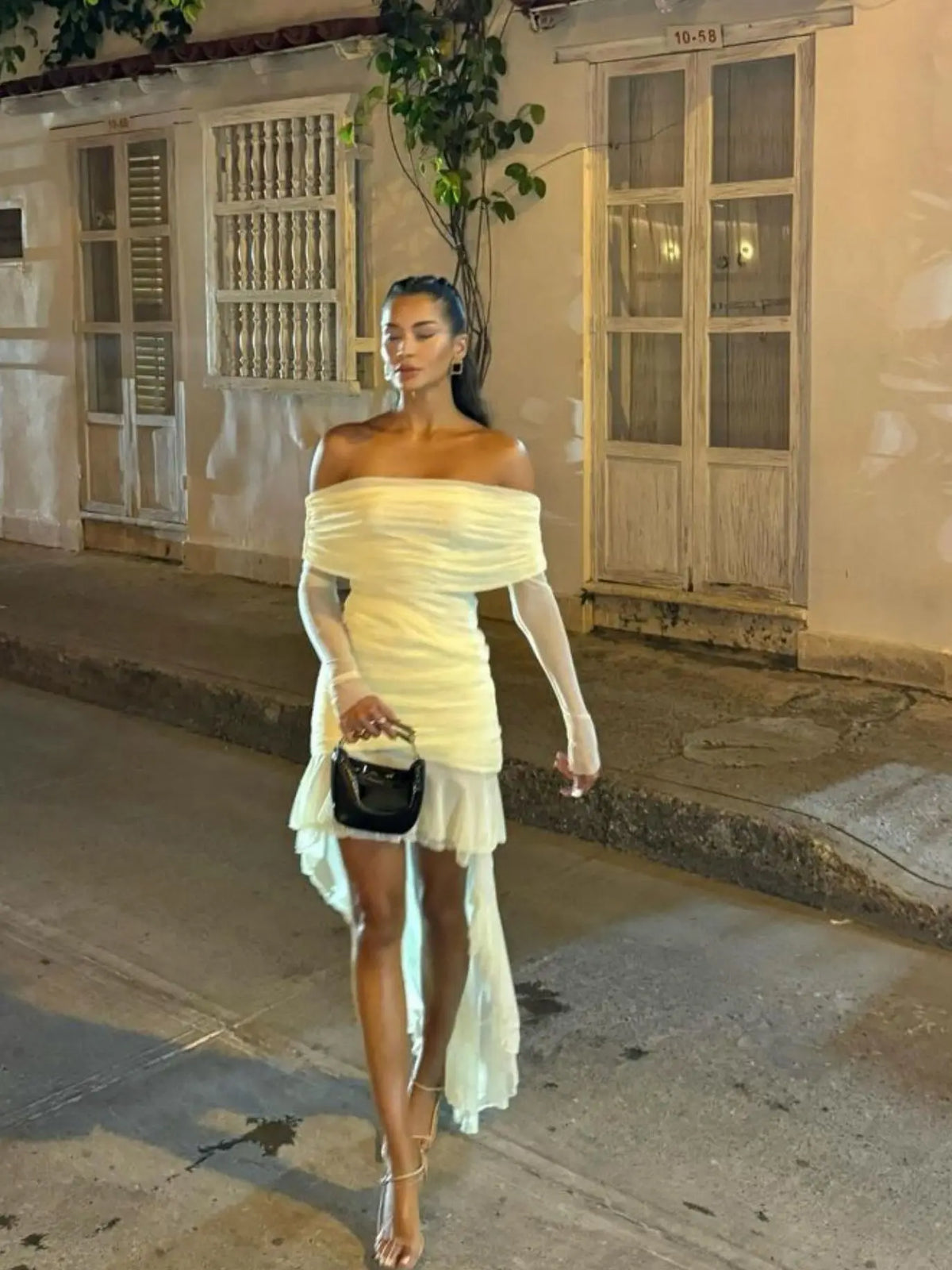 Elegant Long Sleeve Mesh Patchwork Ruffle Irregular Dress Female Sexy One Shoulder Fall Winter Party Club Evening Dress