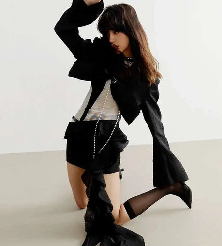 High Waist Black Irregular Ruffles Burr Personality Mini Half-body Skirt Women Fashion Tide New Spring Summer 2025 1DF6154