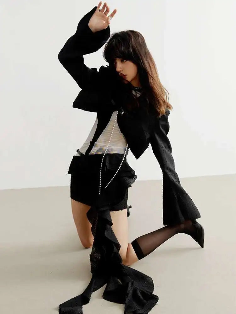 High Waist Black Irregular Ruffles Burr Personality Mini Half-body Skirt Women Fashion Tide New Spring Summer 2025 1DF6154