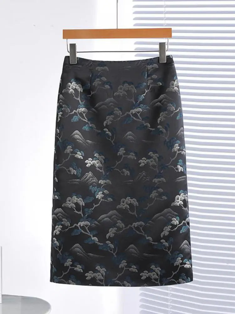 Korean Fashion Retro Women Black Flower High Waist Midi Skirt Spring Summer Elegant Vacation Party Long Skirts New Popular Trend