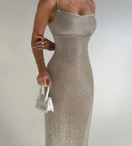 Spaghetti Strap Sparkle Maxi Dress Women Glitter Elegant Split Sleeveless Long Dress Fashion Sexy Party Club Dress