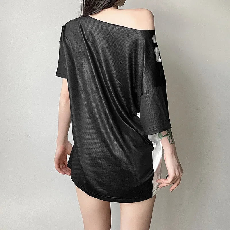 Y2k Aesthetic Summer Letter Printing T-shirts Harajuku Patchwork Loose Oversize Tops 2025 Women Harajuku Skew Collar Casual Tees