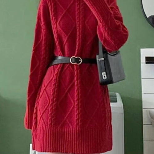 Load image into Gallery viewer, Red Knitted Winter Fashion Women&#39;s Dresses Solid Color Belt Elegant Half High Collar Casual Female Dress Party Club
