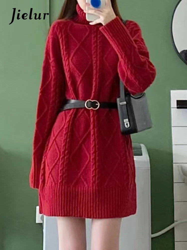 Red Knitted Winter Fashion Women's Dresses Solid Color Belt Elegant Half High Collar Casual Female Dress Party Club