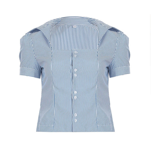 Load image into Gallery viewer, Casual Blue Striped Square Neck Slimming Shirts Women‘s Puff Short Sleeve With Breasted Blouse Summer All Match Tops
