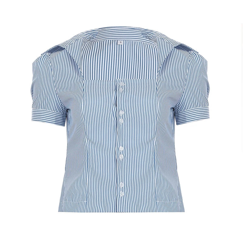 Casual Blue Striped Square Neck Slimming Shirts Women‘s Puff Short Sleeve With Breasted Blouse Summer All Match Tops