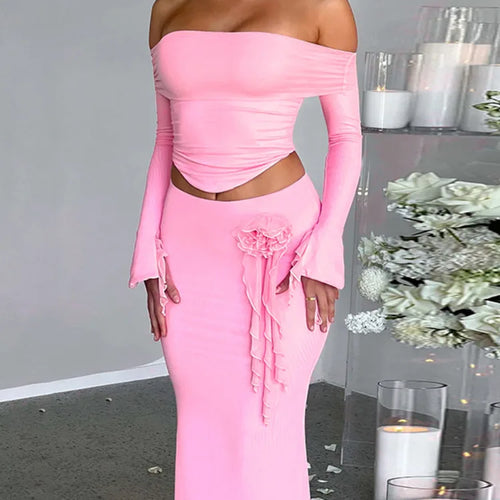 Load image into Gallery viewer, Elegant Halter 3D Flower Two Piece Sets Women Fashion Off-shoulder Tops And Maxi Skirt Matching Sets Bodycon Sexy Dress
