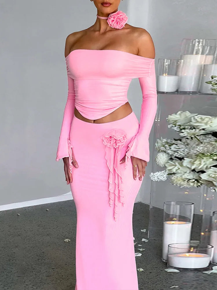 Elegant Halter 3D Flower Two Piece Sets Women Fashion Off-shoulder Tops And Maxi Skirt Matching Sets Bodycon Sexy Dress