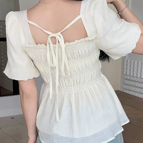 Load image into Gallery viewer, Slim Lantern Sleeve Lace-up Women Blouse Summer Solid Color Square Neck Fashion Female Blouses Green Black Apricot Blouse
