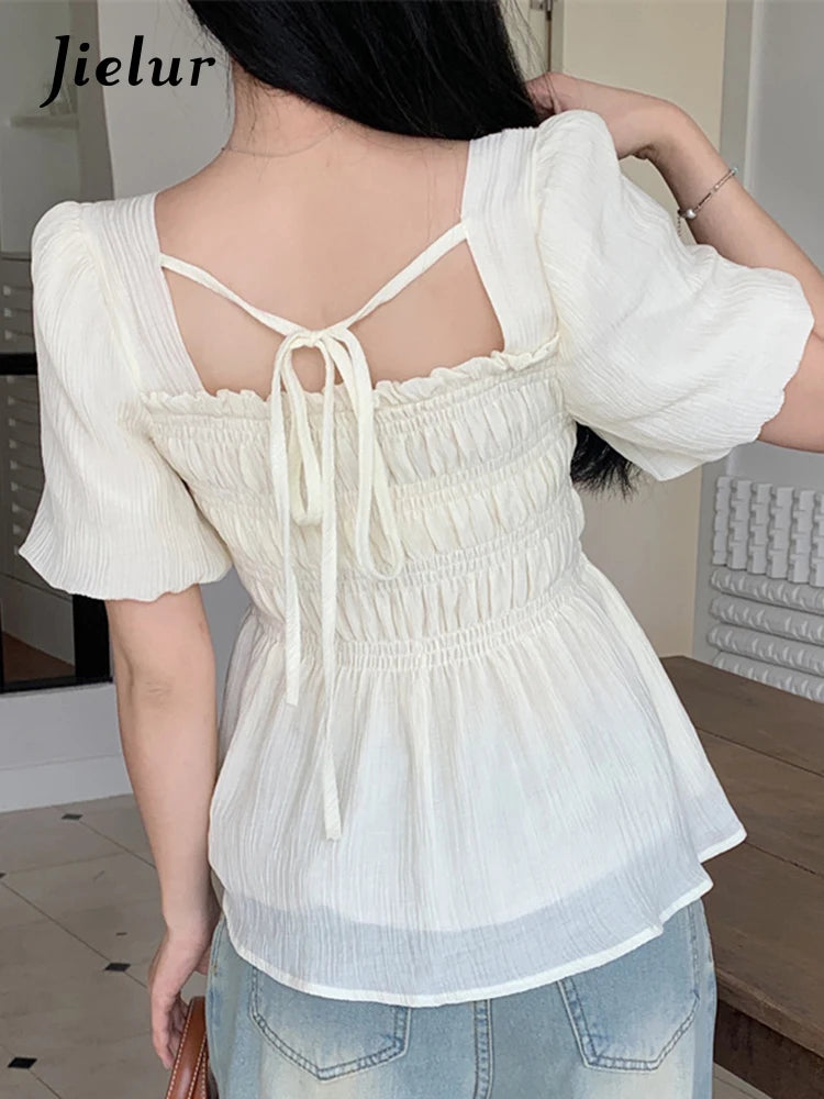 Slim Lantern Sleeve Lace-up Women Blouse Summer Solid Color Square Neck Fashion Female Blouses Green Black Apricot Blouse