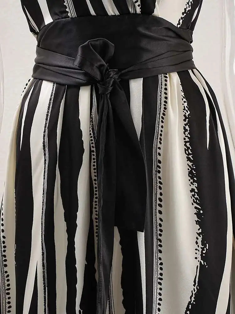 Women Beige Striped Printed Belted Elegant Midi Dress New V-Neck Sleeveless Fashion Tide Spring Summer 2025 CPG1504