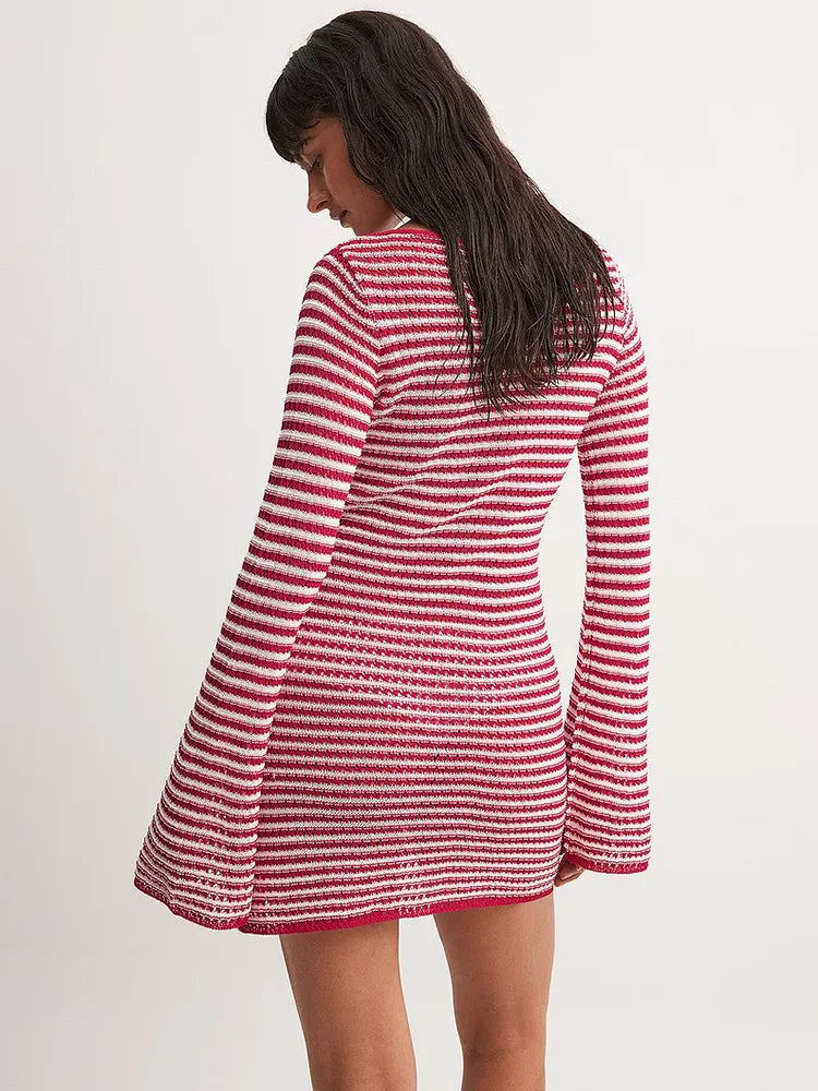 Striped Knit Mini Dress For Women Autumn Winter New O Neck Long Sleeve Contrast Color High Waist Beach Sexy Dress New
