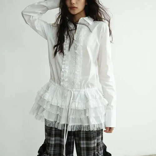 Load image into Gallery viewer, Women White Lace Ruffles Big Size Elegant Blouse New Lapel Long Sleeve Shirt Fashion Tide Spring Autumn 2025 1DH8274
