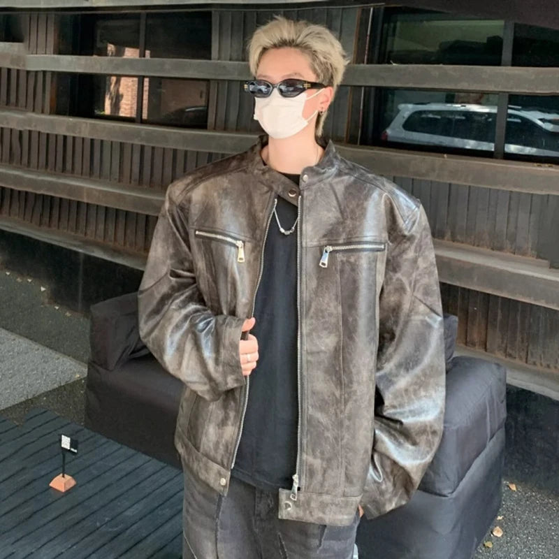 PU Leather Jackets New Fashion Tide Round Collar Male Zipper Make Old Reteo Male Jacket 2025 Spring Trend Men 9C9258