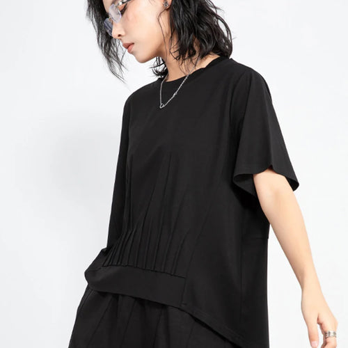 Load image into Gallery viewer, Women White Pleated Irregular Big Size Casual T-shirt New Round Neck Short Sleeve Fashion Tide Spring Summer 2025  1DJ0961
