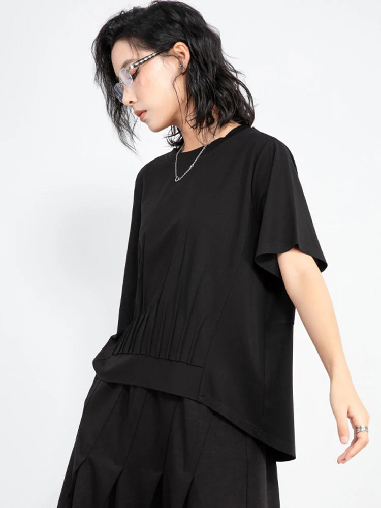 Women White Pleated Irregular Big Size Casual T-shirt New Round Neck Short Sleeve Fashion Tide Spring Summer 2025  1DJ0961