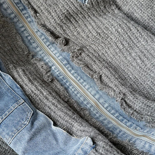 Load image into Gallery viewer, Colorblock Patchwork Denim Knitting Sweaters For Women Round Neck Long Sleeve Spliced Zipper Loose Sweater Female
