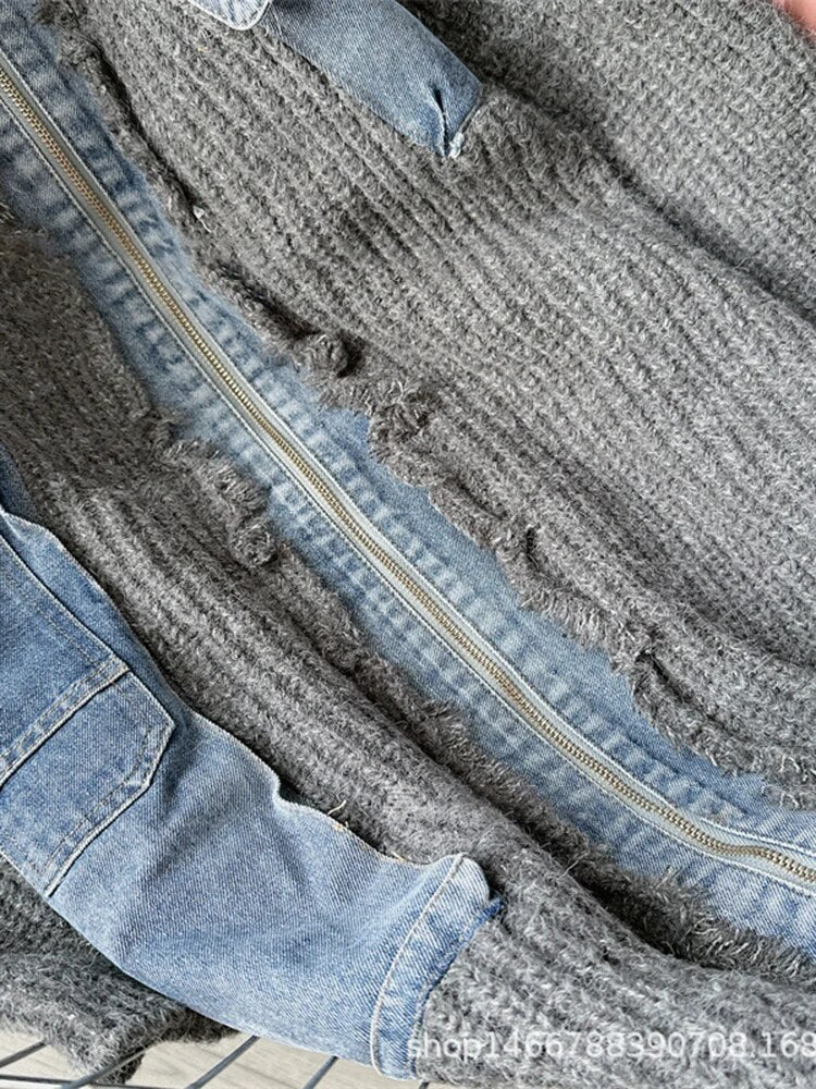 Colorblock Patchwork Denim Knitting Sweaters For Women Round Neck Long Sleeve Spliced Zipper Loose Sweater Female