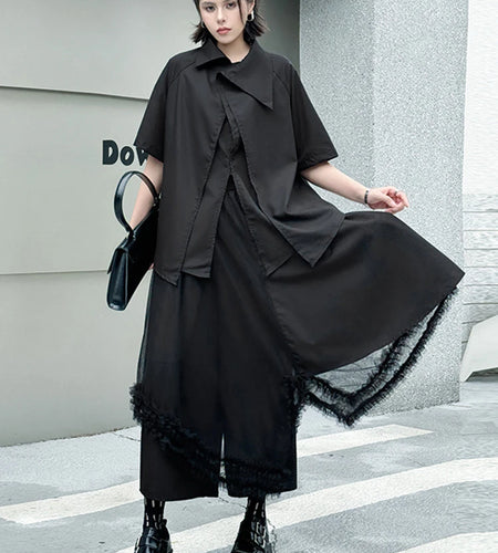 Big Size Black Irregular Shirt Mesh Pants Two Piece Suit New Lapel Short Sleeve Women Fashion Spring Summer 2025 1DJ1371