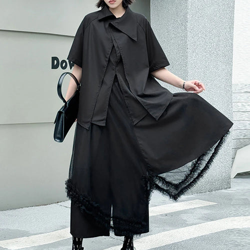 Load image into Gallery viewer, Big Size Black Irregular Shirt Mesh Pants Two Piece Suit New Lapel Short Sleeve Women Fashion Spring Summer 2025 1DJ1371
