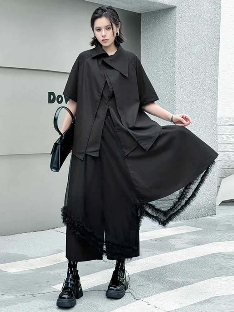 Big Size Black Irregular Shirt Mesh Pants Two Piece Suit New Lapel Short Sleeve Women Fashion Spring Summer 2025 1DJ1371