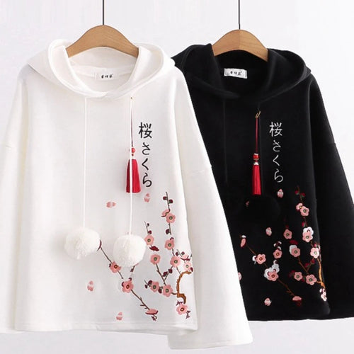 Load image into Gallery viewer, Women Hoodies Floral Embroidery Harajuku Hooded Sweatshirts Spring Flare Sleeve Vintage Korean Female Basic Daily Tops
