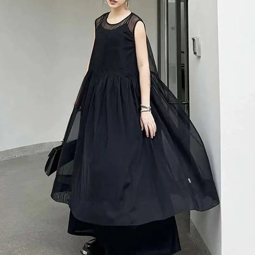 Load image into Gallery viewer, Women Black Mesh Perspective Pleated Big Size Elegant Dress New Round Neck Sleeveless Fashion Spring Summer 2025  1DH5841
