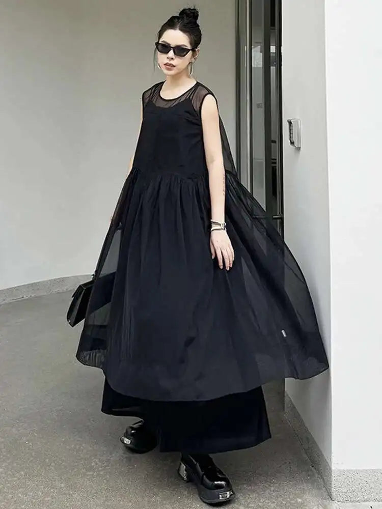 Women Black Mesh Perspective Pleated Big Size Elegant Dress New Round Neck Sleeveless Fashion Spring Summer 2025  1DH5841