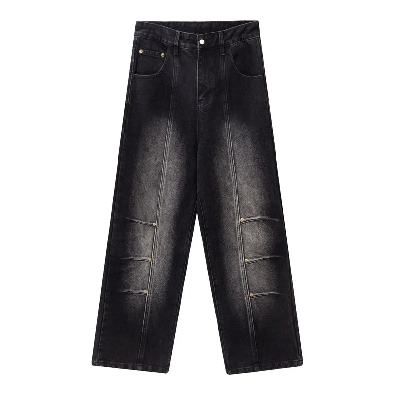 American Style Men's Denim Pants Washing Solid Color Washing Metal Design Straight Wide Leg Loose Male Jeans Summer 9W1984